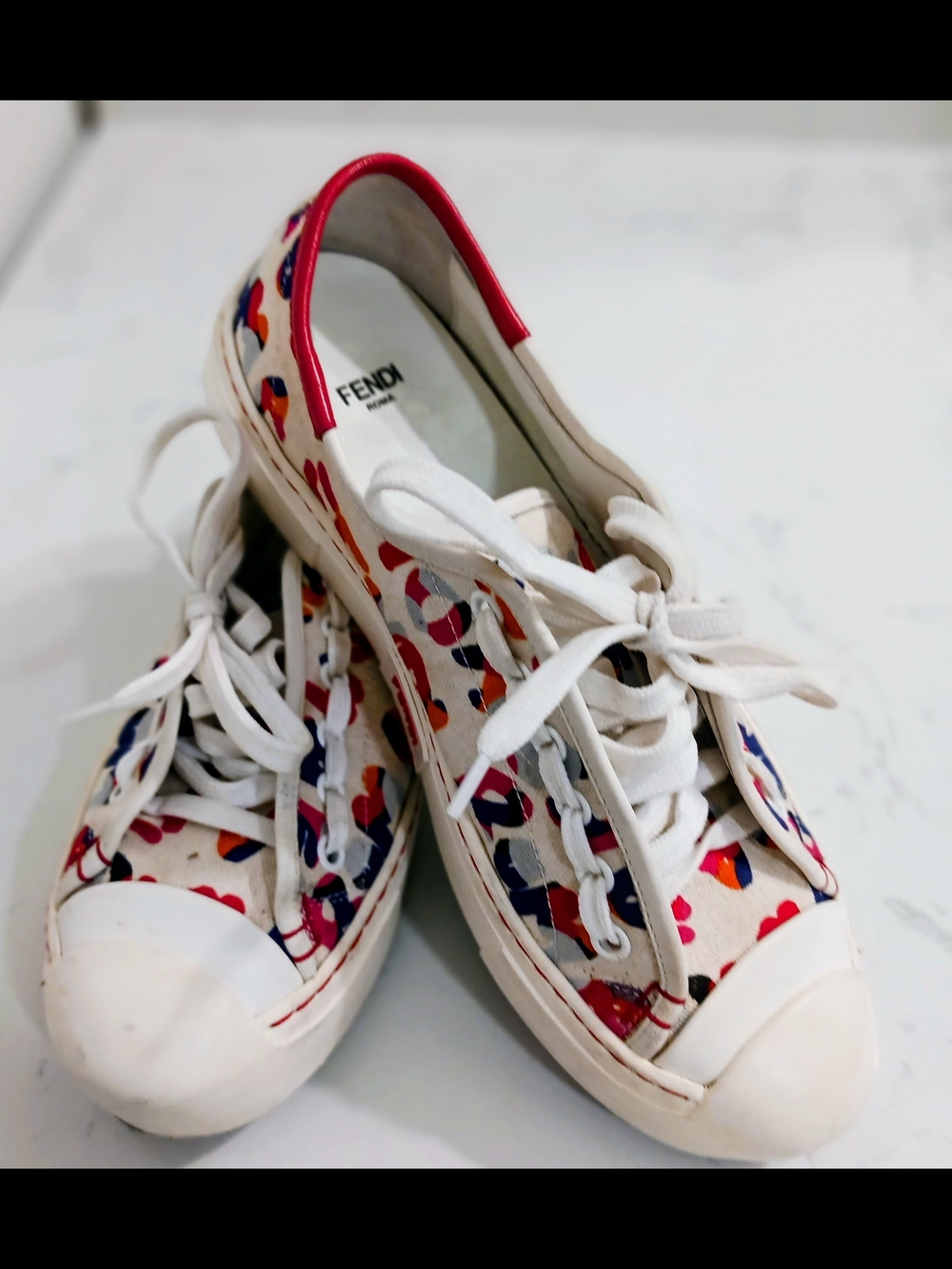 Fendi White Canvas Sneakers with Red, Blue and Orange Accents